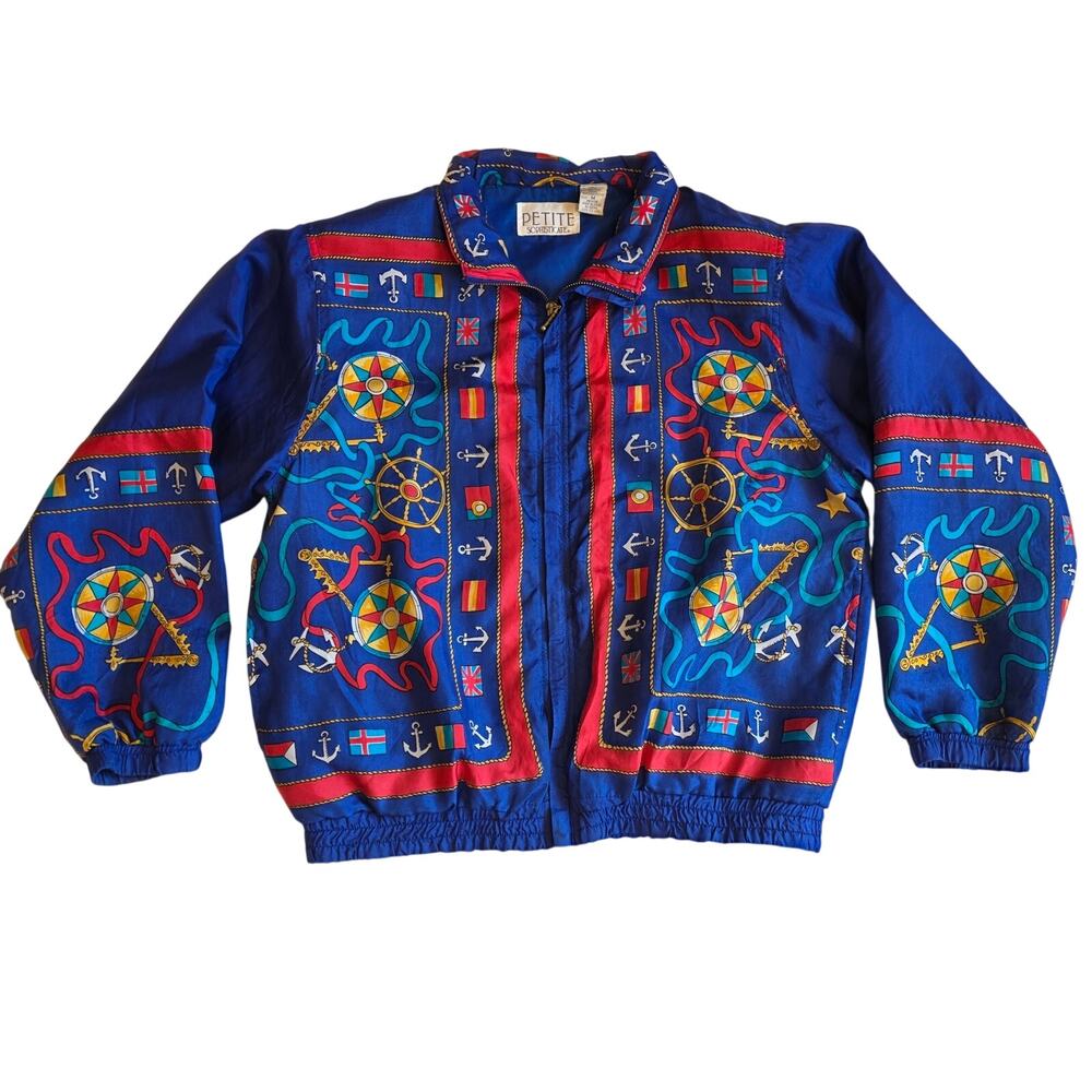Vintage Petite Sophisticate Silk Nautical Scarf Print Bomber Jacket Medium